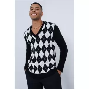 image of I Saw It First Black & White Argyle V Neck Knitted Jumper - Black