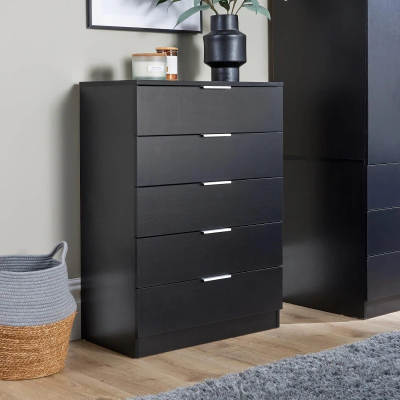 Image of Home Source Phoenix 5 Drawer Chest Bedroom Storage Unit Black