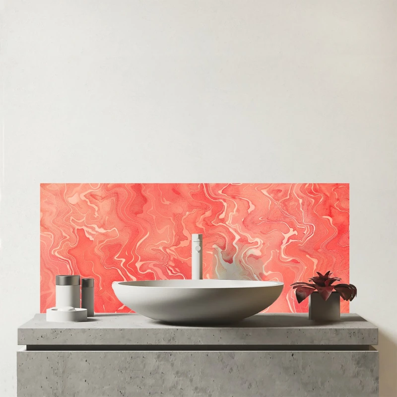 Image of Warren Reed - Designer Salmon Pink Marble Effect Glass Bathroom Splashback Pink Unisex