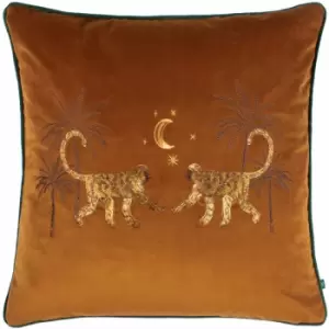 Image of Wylder - Dusk Monkey Embroidered Velvet Piped Edge Cushion Cover, Rust, 50 x 50 Cm