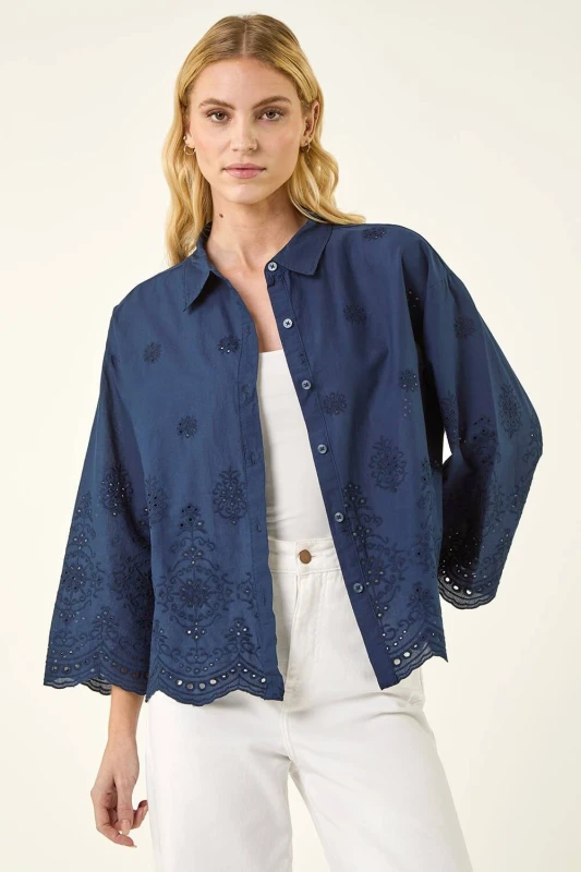 Image of Roman Womens Broderie Hem Buttoned Shirt in Navy Size: 12 Navy Female 12