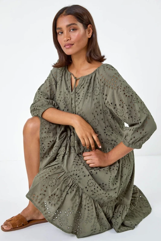 Image of Roman Womens Cotton Broderie Tiered Smock Dress in Khaki Size: 20 Khaki Female 20