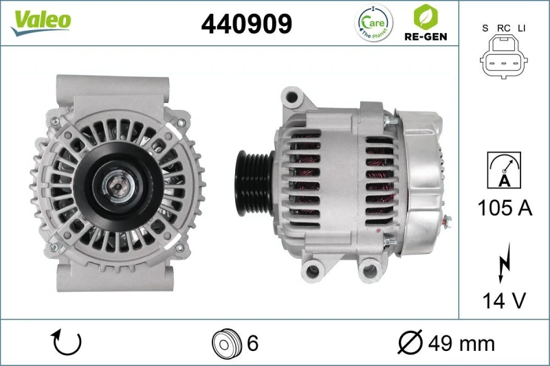 Image of VALEO 440909 Generator VALEO RE-GEN REMANUFACTURED Alternator Charging Current: 105A, Voltage: 14V Alternator (4)