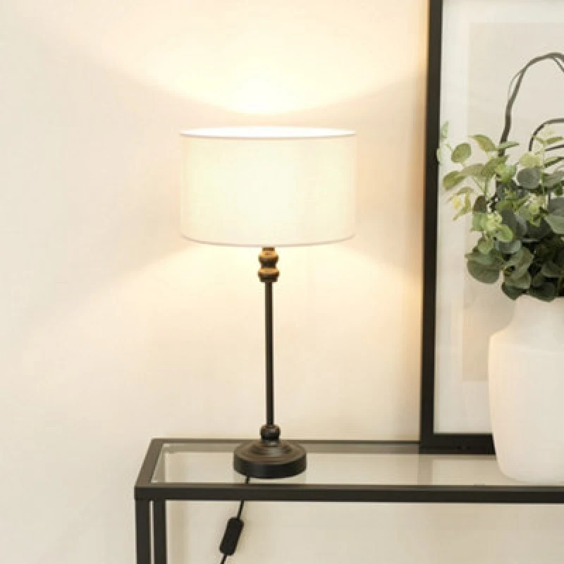 Image of ValueLights Maggie Black Metal Candlestick Slim Table Lamp with Fabric Drum Lamp Shade White