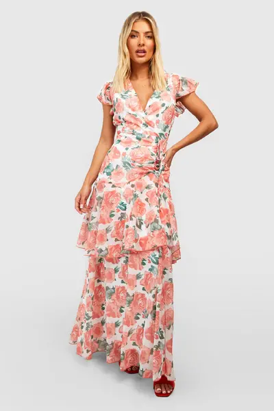 Image of boohoo Floral Chiffon Ruffle Tiered Maxi Dress Coral