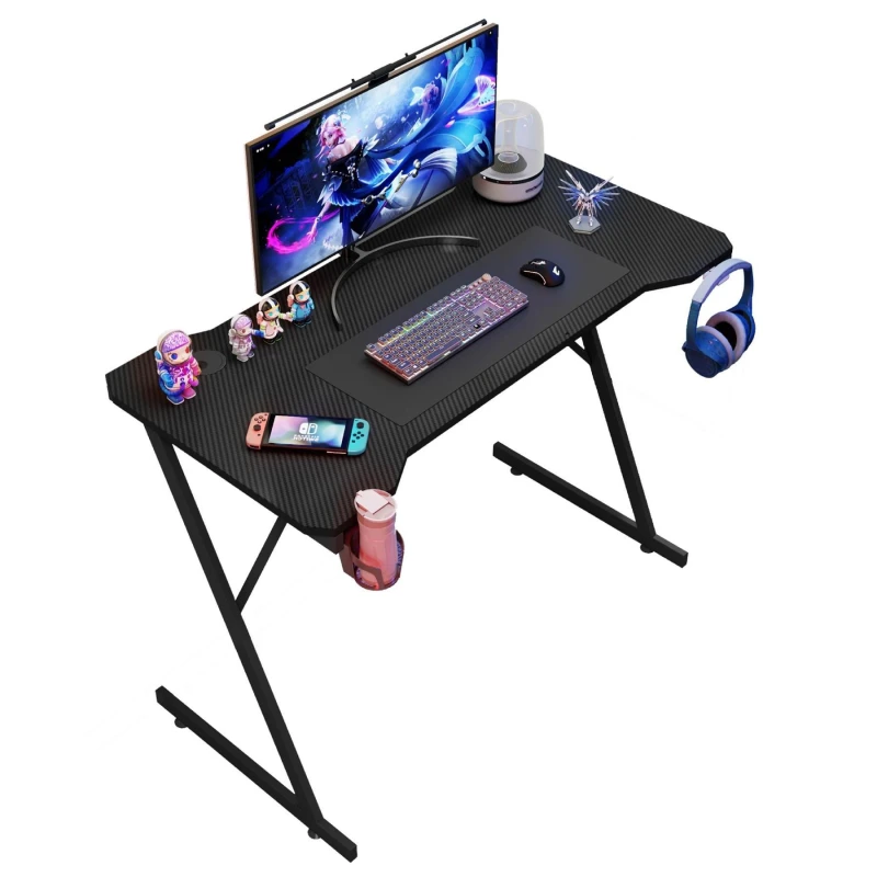 Image of House Of Home Gaming Desk Carbon Fibre Finish Black 80Cm Cup Holder, Headphone Hook
