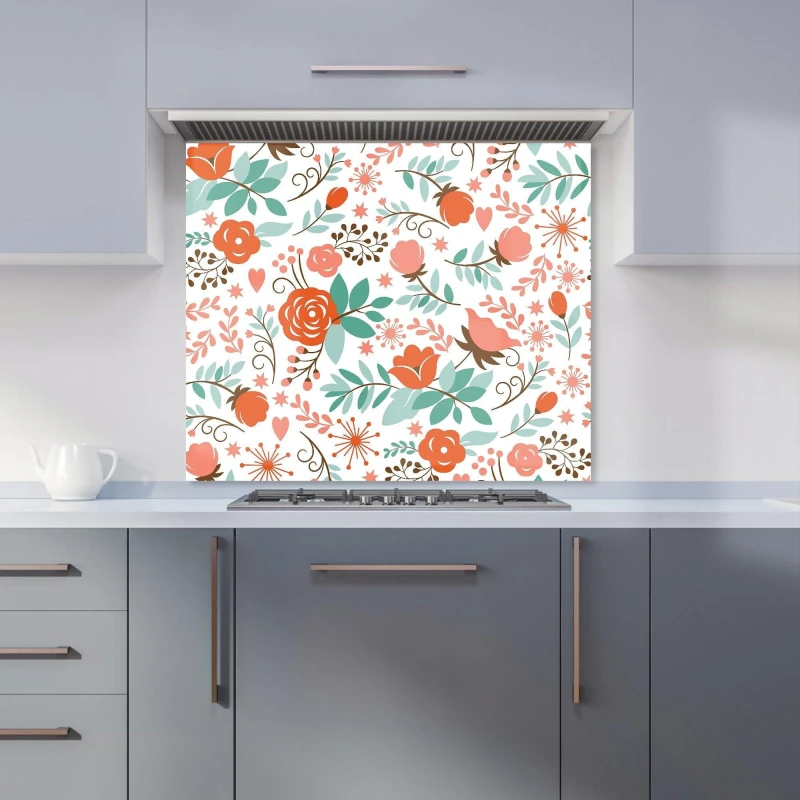 Image of Warren Reed - Designer Orange Floral Pattern Kitchen Splashback in Green Size: 900mm x 650mm Green Unisex 900mm x 650mm