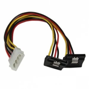 Image of StarTech 12" LP4 to 2x Right Angle Latching SATA Power Y Cable Splitter