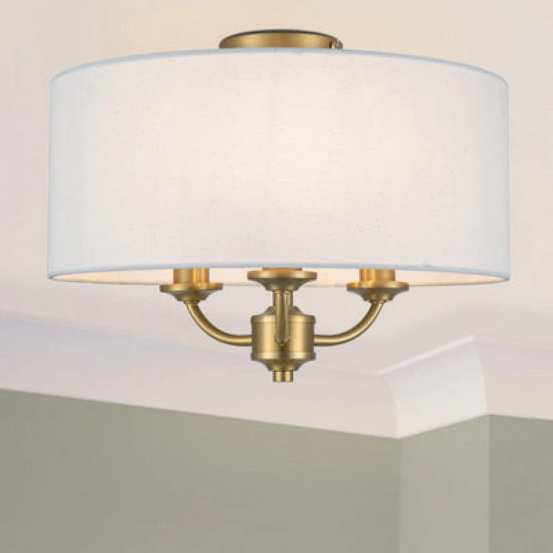 Image of Cosylyte Winston 3 Light Classic Faux Linen Shade Ceiling Light - Brass Base