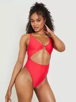 Image of Boohoo Woodern Ring Detail Swimsuit - Red, Size 12, Women