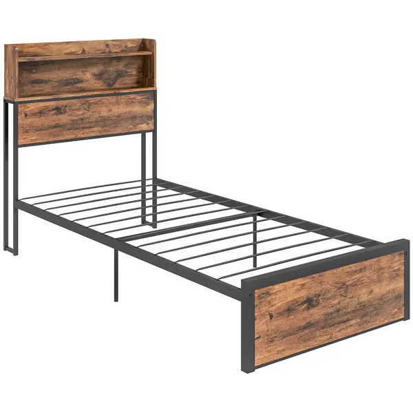 Image of HOMCOM Industrial Single Bed Frame, 3.1FT Steel Bed Base w/ Storage Headboard, Footboard, Under Bed Storage, 95 x 209cm, Rustic Brown