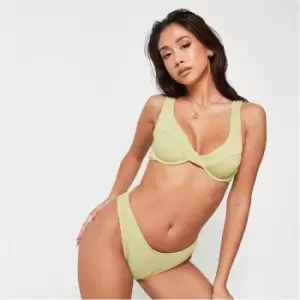 image of Missguided Crinkle High Leg Boomerang Bikini Bottoms - Green