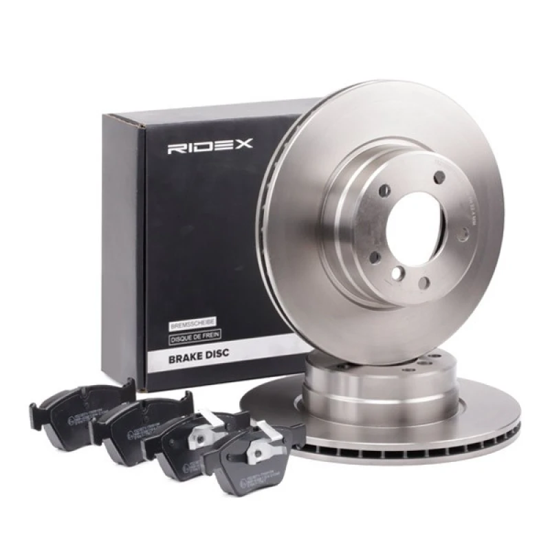 Image of RIDEX 3405B1133 Brake disc and pads set Front Axle, Brake Disc Type: internally vented, prepared for wear warning indicator, with piston clip Brake S