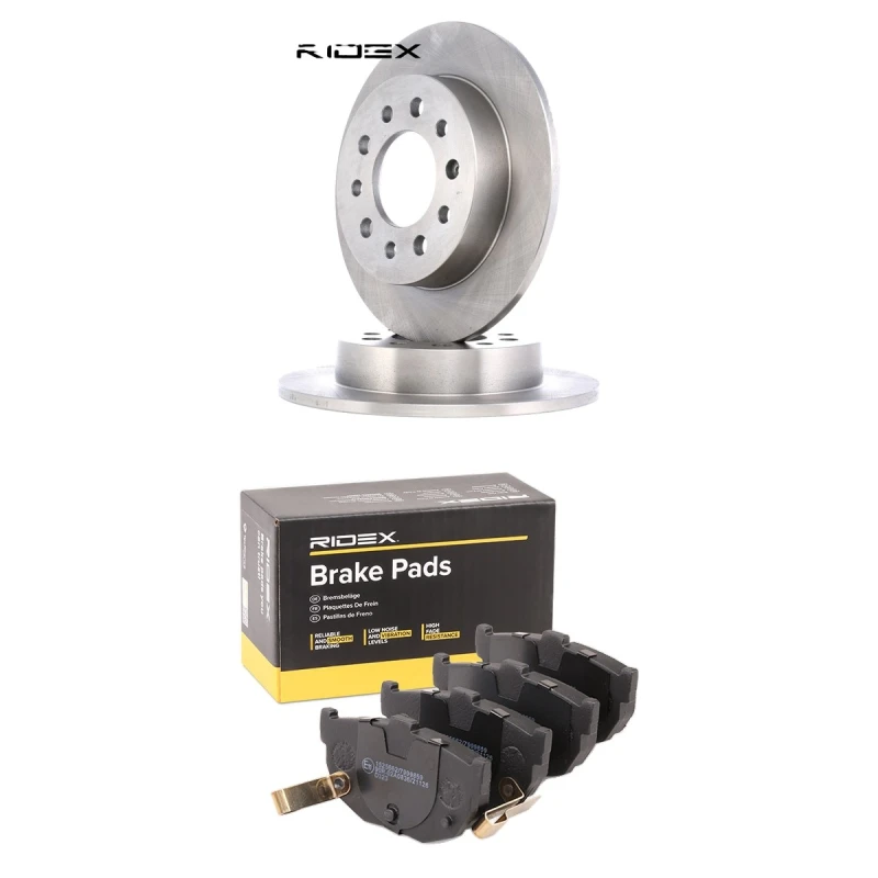 Image of RIDEX 3405B2376 Brake disc and pads set Rear Axle, Brake Disc Type: Solid, with acoustic wear warning Brake Set,disc brakes (3405)
