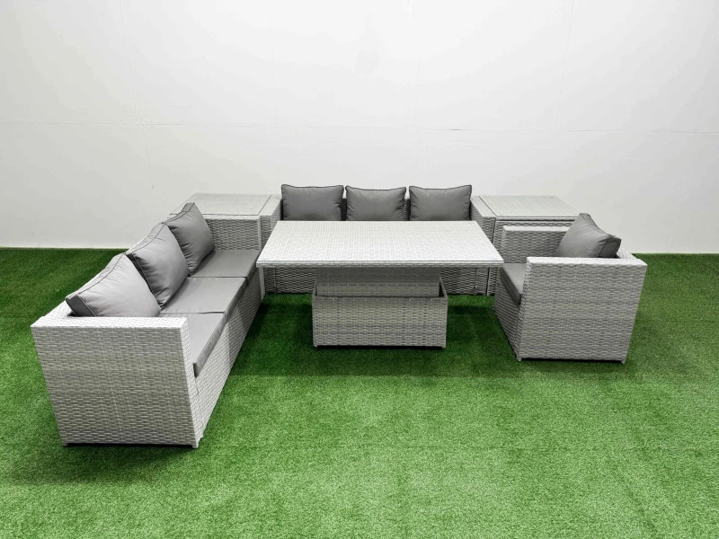 Image of Fimous 6 Pcs Rising Dining Table Set Rattan Furniture Set With 3 Seater Sofa Chair 2 Side Tables Light Grey
