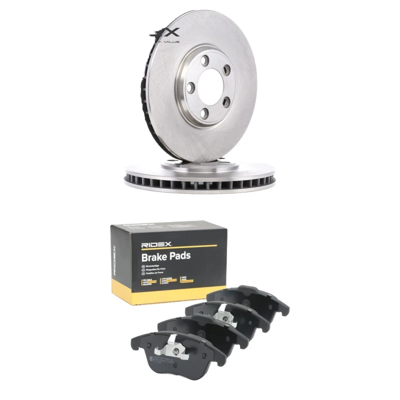 Image of RIDEX 3405B2900 Brake disc and pads set Front Axle, Brake Disc Type: internally vented, not prepared for wear warning indicator Brake Set,disc brakes
