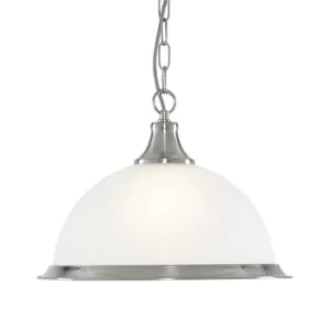 Image of American Diner 1 Light Dome Ceiling Pendant Satin Silver, Acid Ribbed Glass, E27