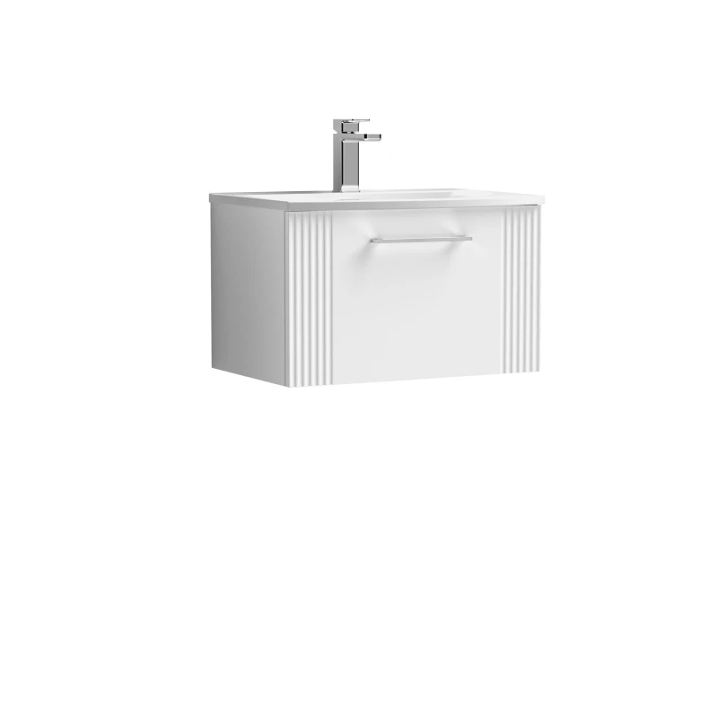 Image of BALTERLEY Balterley - Retro 1 Drawer Wall Hung Vanity Unit with Curved 1 Tap Hole Ceramic Basin - 600mm - Satin White BFPF194G