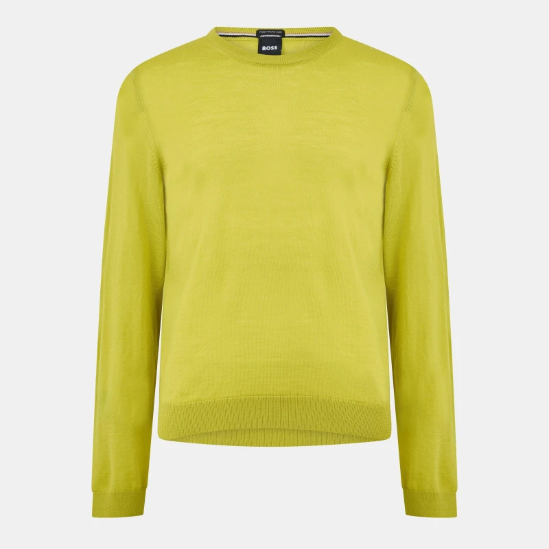 Image of Boss Mens Leno Knit Jumper, Soft Virgin Wool Bright Green male Medium