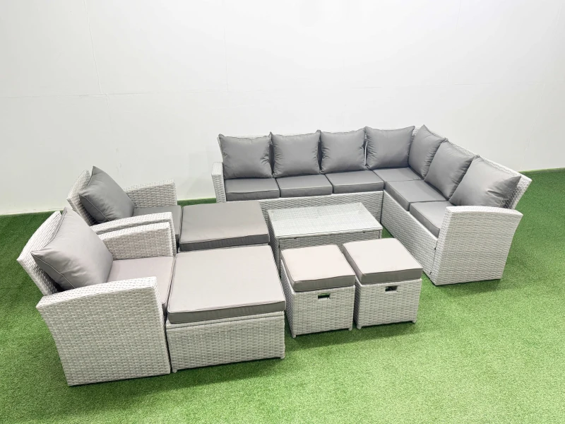 Image of Fimous Garden Outdoor Rattan Furniture Set 12 Seater Rattan Garden Sofa Set in Light Grey Light Grey Unisex