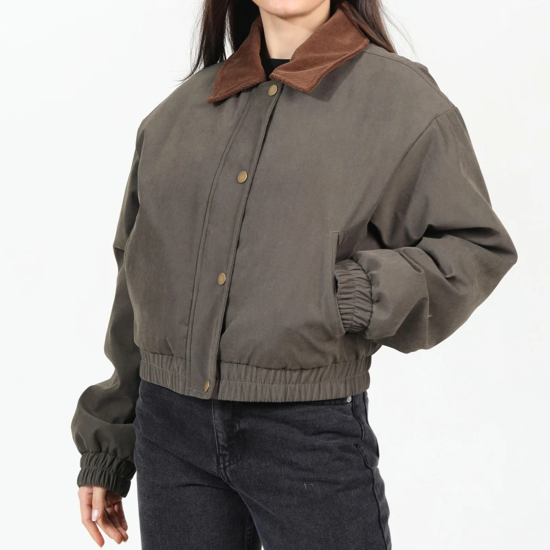 Image of Brave Soul Womens BS Twill Moss Bonded Corduroy Collar Full Zip Bomber Jacket Khaki female 12 (M)