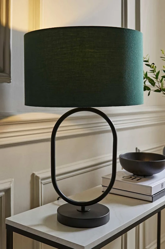 Image of ValueLights ValueLights Antonia Fabric Drum Lamp Shade Matte Black Oval Table Lamp in Bottle Green Bottle Green One Size Unisex 5059406064920