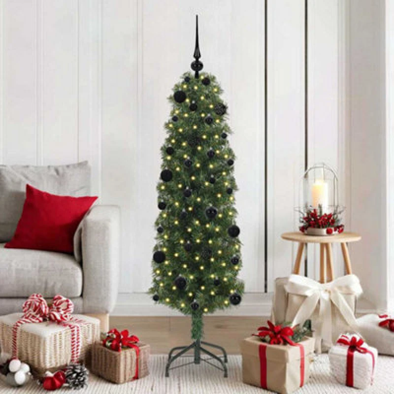 Image of vidaXL Artificial Christmas Tree with 150 LEDs, Black Balls with Stand Green 150 cm, Green 3394931