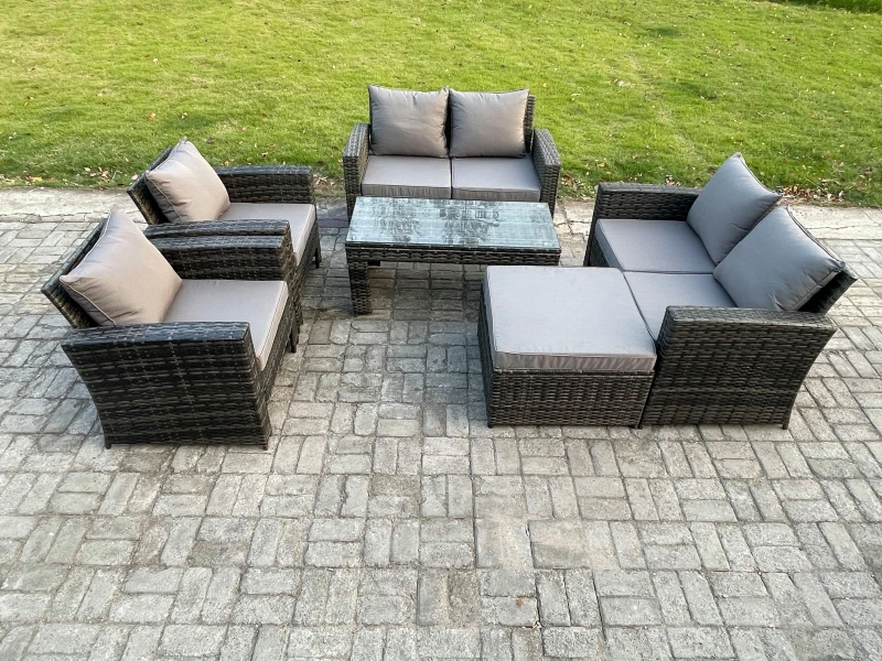 Image of Fimous 7 Seater Dark Grey Mixed High Back Rattan Sofa Set Coffee Table Garden Furniture Outdoor Patio With Love Sofa Arm Chairs Dark Grey Unisex