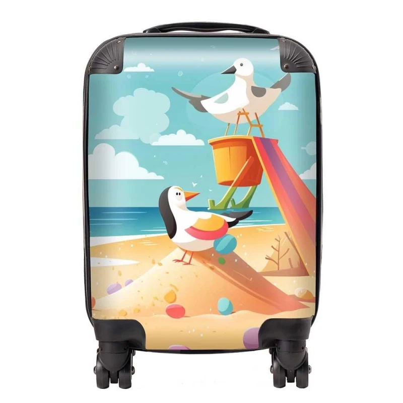 Image of Warren Reed - Designer Seagulls On A Beach Holiday Suitcase in Yellow Size: Small Yellow Unisex Small