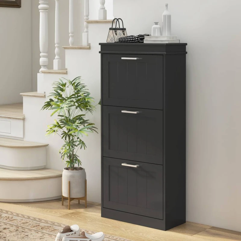 Image of HOMCOM HOMCOM Slim Shoe Storage Cabinet with 3 Flip Drawers for Entryway, Black One Size Unisex 5063603061804