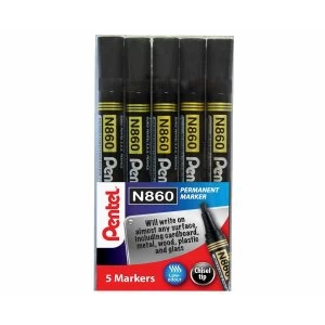 image of Pentel Chisel Tip Permanent Marker Black Pack of 5 YN8605-A