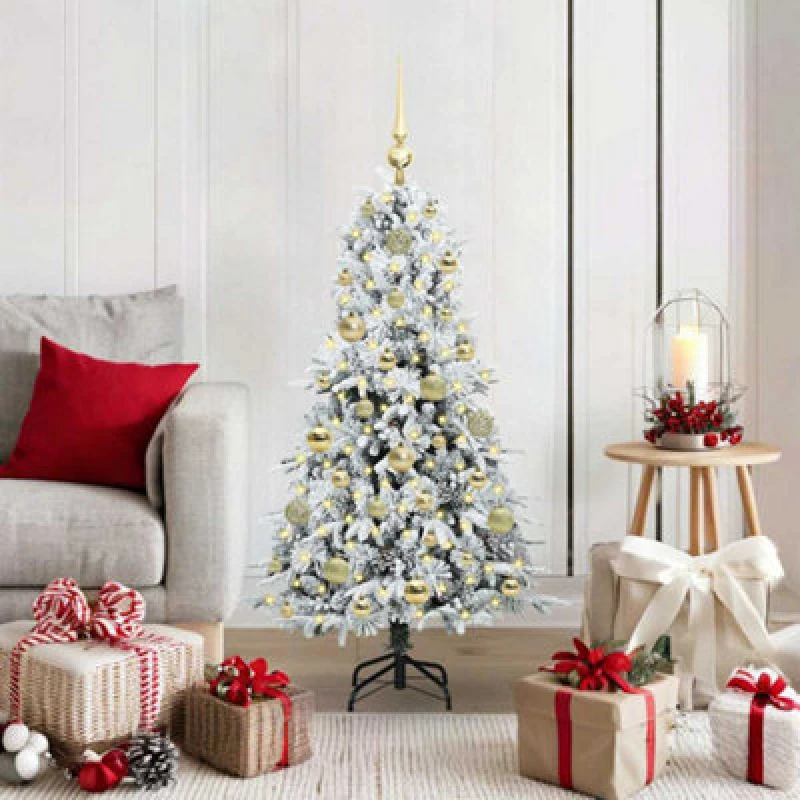 Image of vidaXL Artificial Hinged Christmas Tree with Gold Balls Snow Flocked Green 120cm PE and PVC, Green 3397462