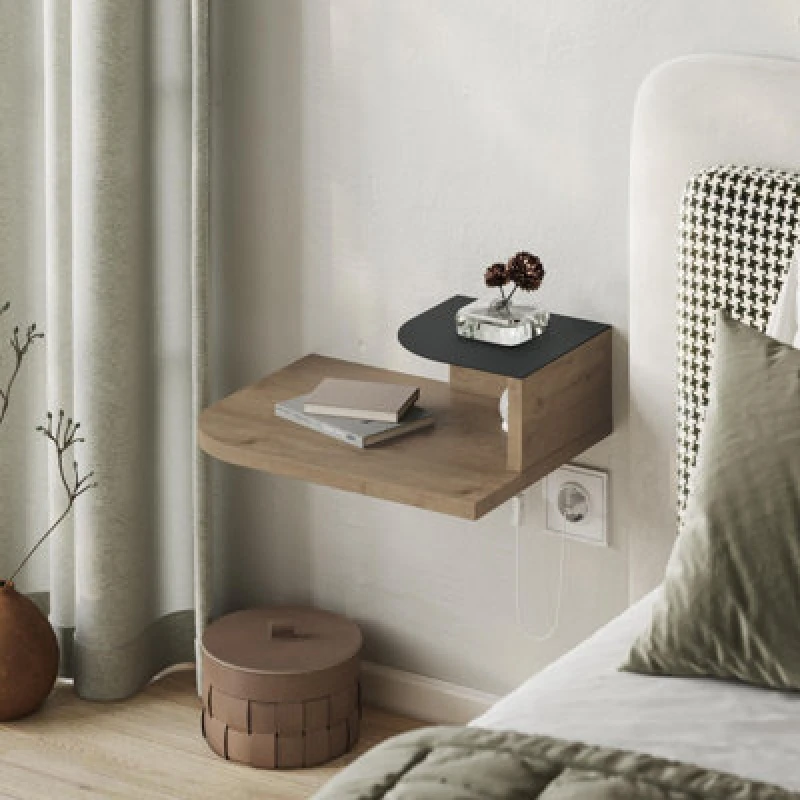 Image of Decortie Floating Bedside Table Modern Corner Design Nightstand 30Cm Wall-Mounted W/ LED Lamp In 3-Tones For Bedroom, Natural Oak