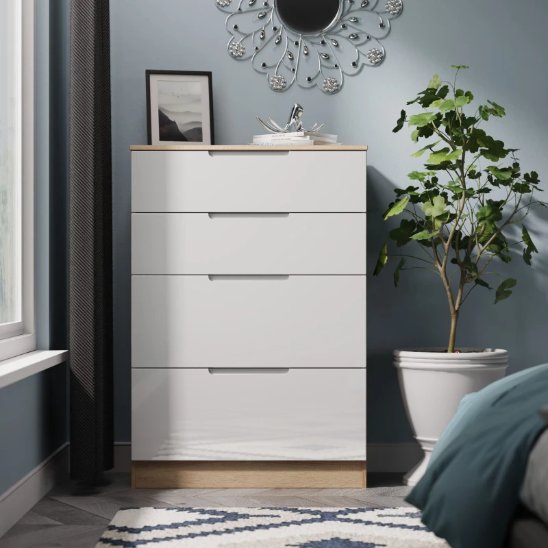 Image of Welcome Furniture Ready Assembled Milan 4 Drawer Deep Chest In White Gloss & Bardolino Oak, White MIL050WGBO
