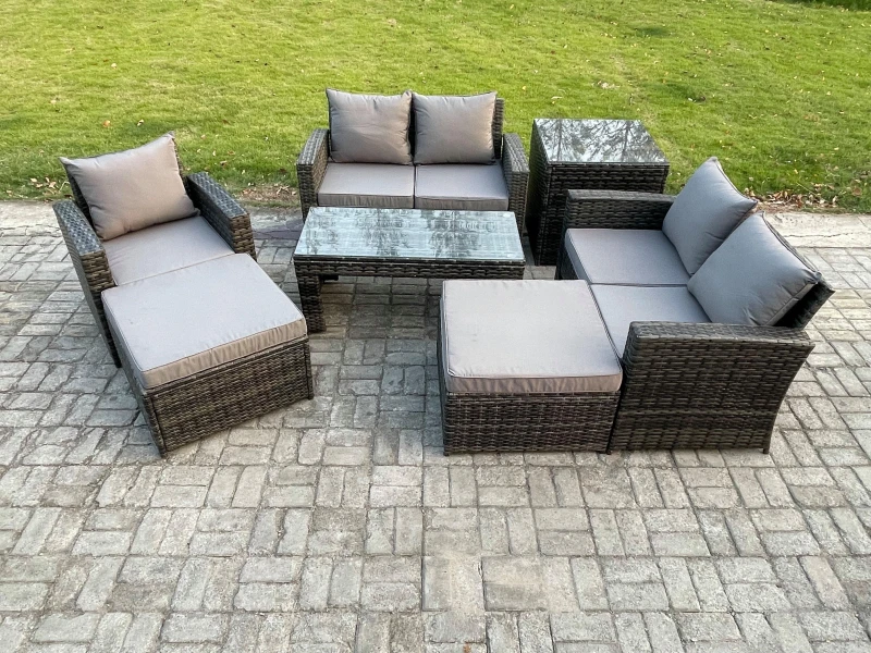 Image of Fimous 7 Seater Outdoor Rattan Patio Furniture Set Garden Lounge Sofa Set with Side Table 2 Big Footstool Coffee Table Dark Grey Mixed Dark Grey Unise