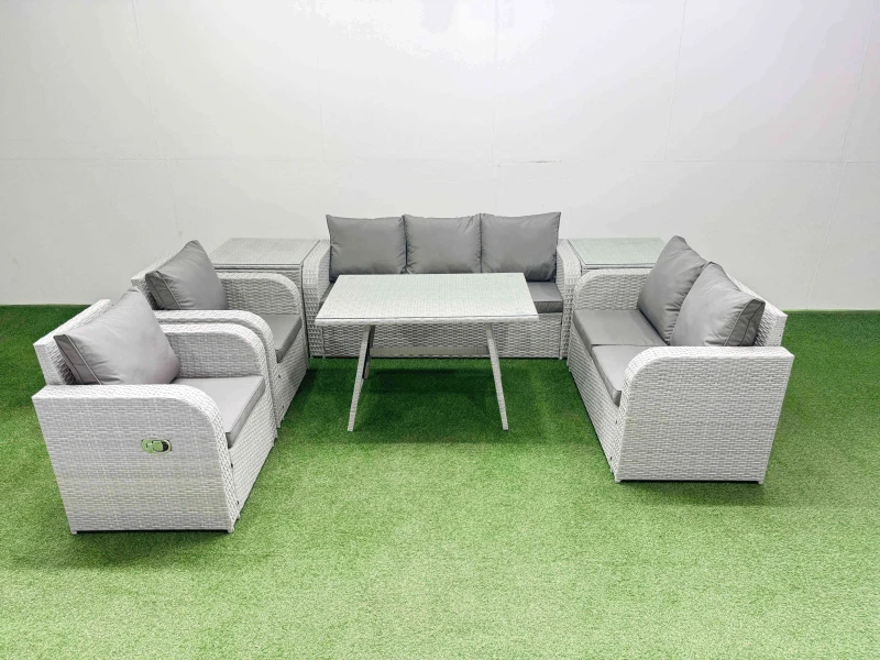 Image of Fimous Outdoor Rectangular Table Sofa Set with Reclining Chair 2 Side Tables in Light Grey Light Grey Unisex