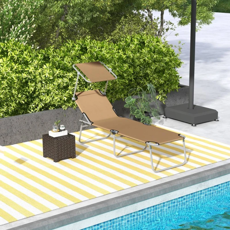 Image of Outsunny Folding Sun Lounger w/ Sunshade Adjustable Backrest Tan, Brown 84B-001V00TN