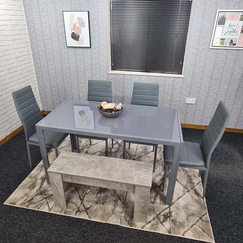Image of KOSY KOALA Dining Table Set with 4 Chairs, and a Bench Dining Room and Kitchen table set of 4, and Grey Bench Grey