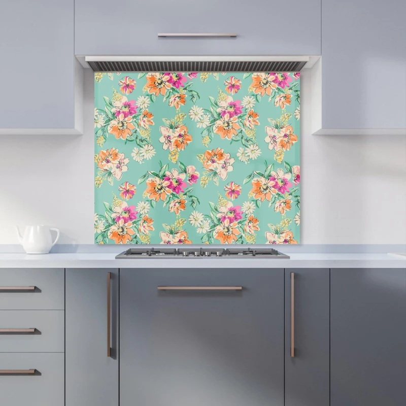 Image of Warren Reed - Designer Bright Flower Sketch Kitchen Splashback in Green Size: 700mm x 650mm Green Unisex 700mm x 650mm