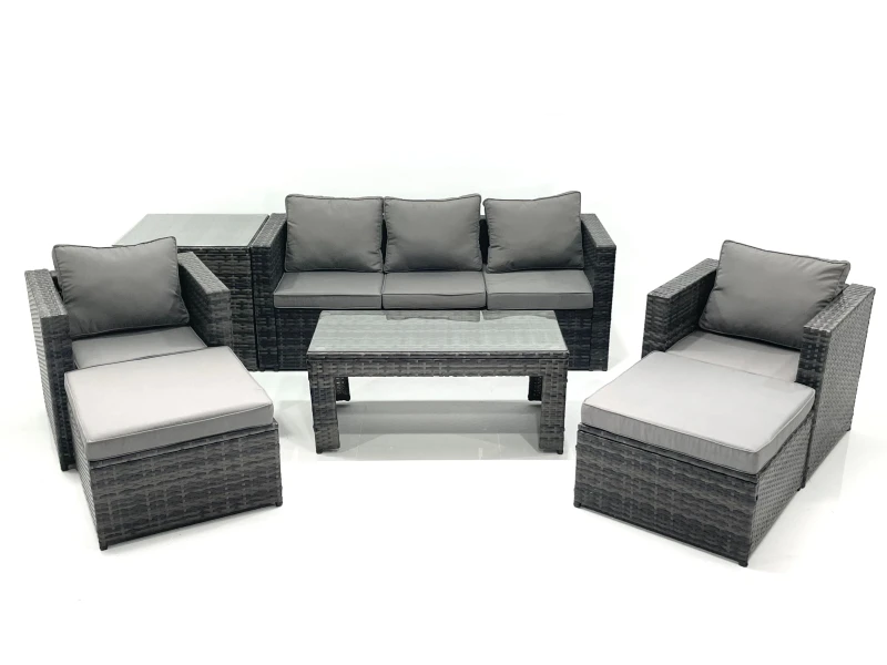 Image of Fimous 7 Seater Rattan Garden Furniture Set Outdoor Lounger Sofa with Coffee Table 2 Armchair 2 Big Footstools Side Table Dark Grey Mixed Dark Grey