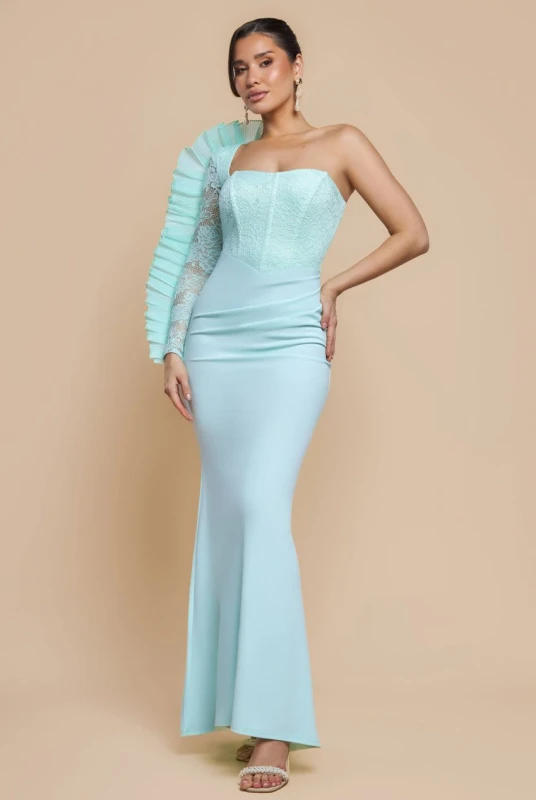 Image of Goddiva Womens One Shoulder Organza Fan Detail Lace Bodice Maxi Dress in Mint Size: 6 Mint Female 6