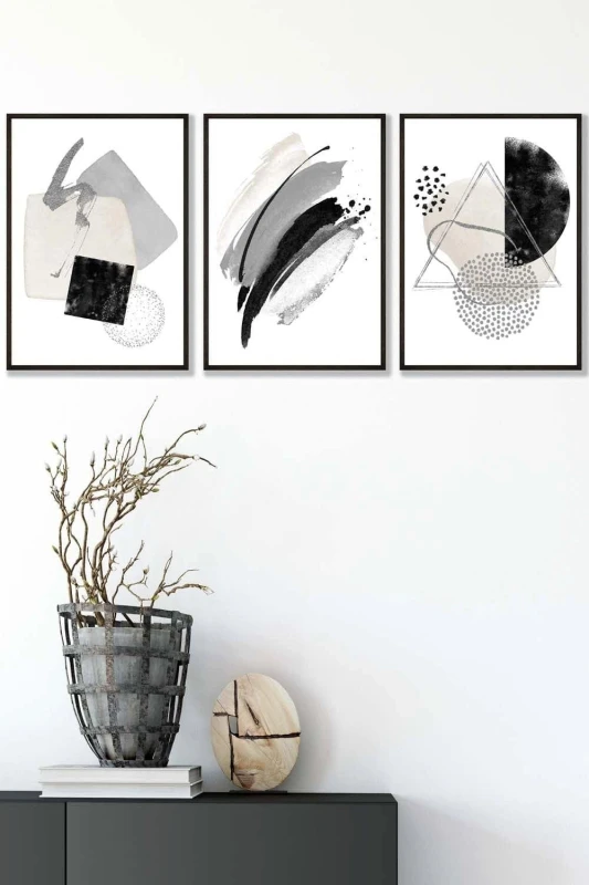 Image of ARTZE Abstract Black Grey Ivory Watercolour Shapes Framed Wall Art - Medium Size: W45cm x H62cm x D20mm Black Unisex W45cm x H62cm x D20mm