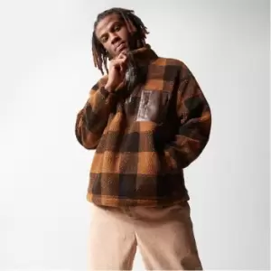 Image of Mennace Check Print Half Zip Borg Teddy Jacket - Brown