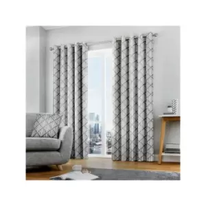 Image of Fusion Brooklyn Geometric 100% Cotton Eyelet Lined Curtains, Grey, 66 x 90 Inch