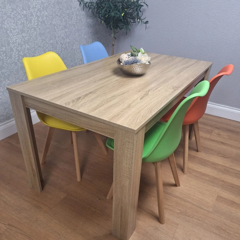Image of KOSY KOALA Kosy Koala - Dining Table and 4 Chairs Oak Effect Wood 4 colourful Plastic Leather Chairs Dining Room Oak table 140 + 4 mixed colourful tul