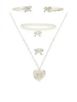 image of Monsoon Girls Diamante Bow Locket Jewellery Set - Silver