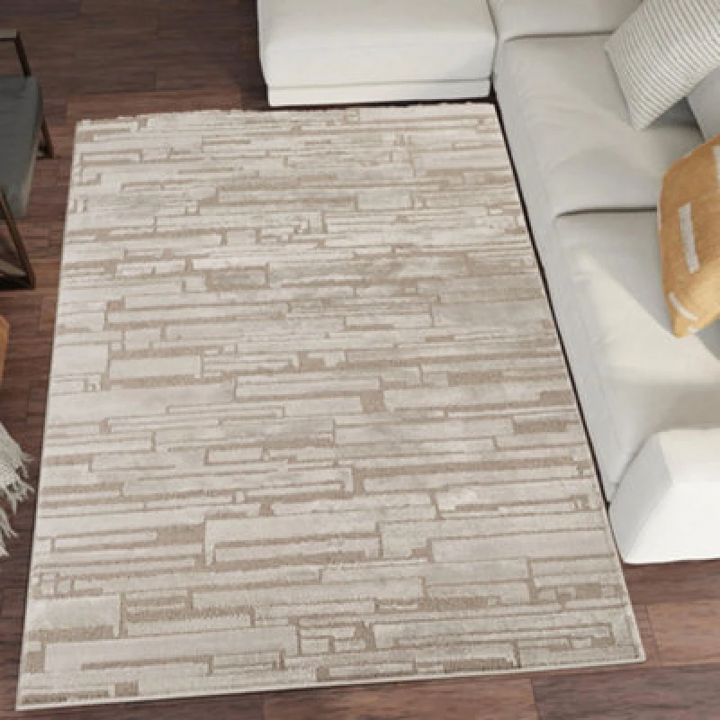 Image of Hamilton Modern Sheen Area Rug - Blocked Bold Geometric Design Mocha 80Cm X 150Cm