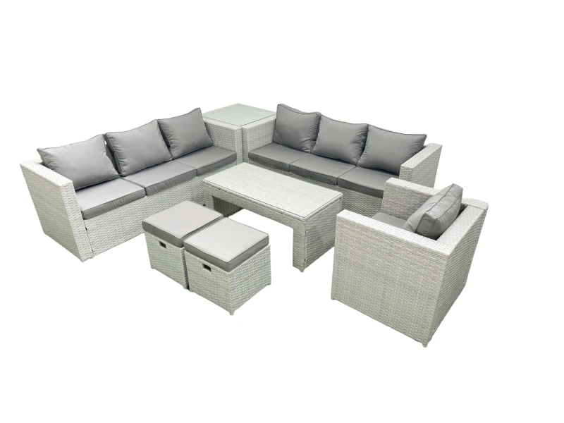 Image of Fimous Wicker PE Rattan Sofa Garden Furniture Set with Oblong Coffee Table Armchair 2 Small Footstools Side Table Light Grey Mixed Light Grey
