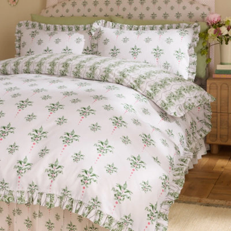 Image of Cath Kidston Cath Crest Floral Reversible Cotton Single Duvet Cover Set With Pillowcase Green