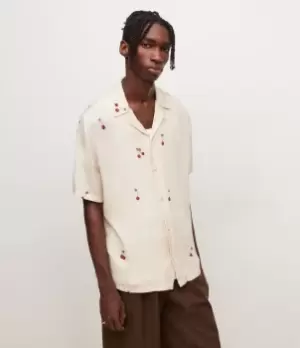 Image of AllSaints Mens Cherry Print Shirt, Ecru White, Size: XL